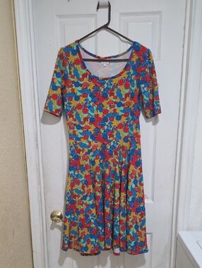 LuLaRoe Multicolor Floral Scoop-Neck Midi Dress - Blue, Red, Yellow, Green